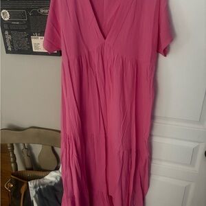 SHEIN Hot Pink V-Neck Tiered Maxi Dress